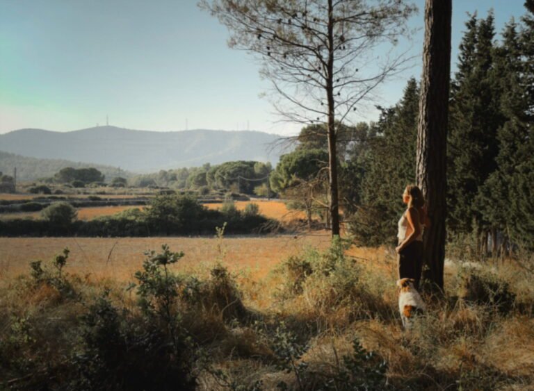 Paisaje natural de Begues con una persona caminando a lo lejos por el campo